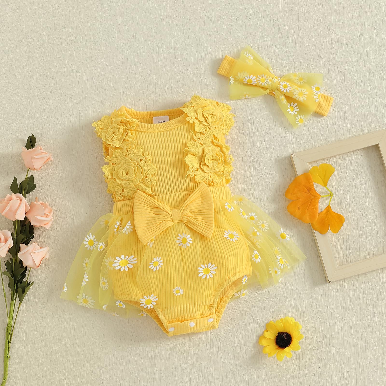 Mubineo Baby Girl Summer Clothes Outfits Sleeveless Lace Floral Romper Dress Newborn Outfit (Yellow Daisy, 6-9 Months)