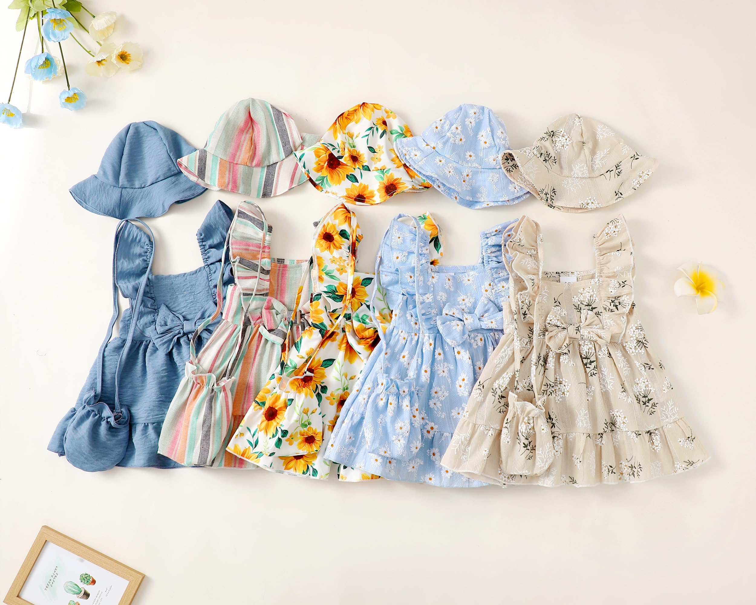 Renotemy Baby Girl Summer Dress Infant Boho Outfits Beige Casual Floral Sundress with Hat and Bag Sleeveless Party Beach Vintage Dresses Baby Girl Clothes 6-9 Months 12 Months