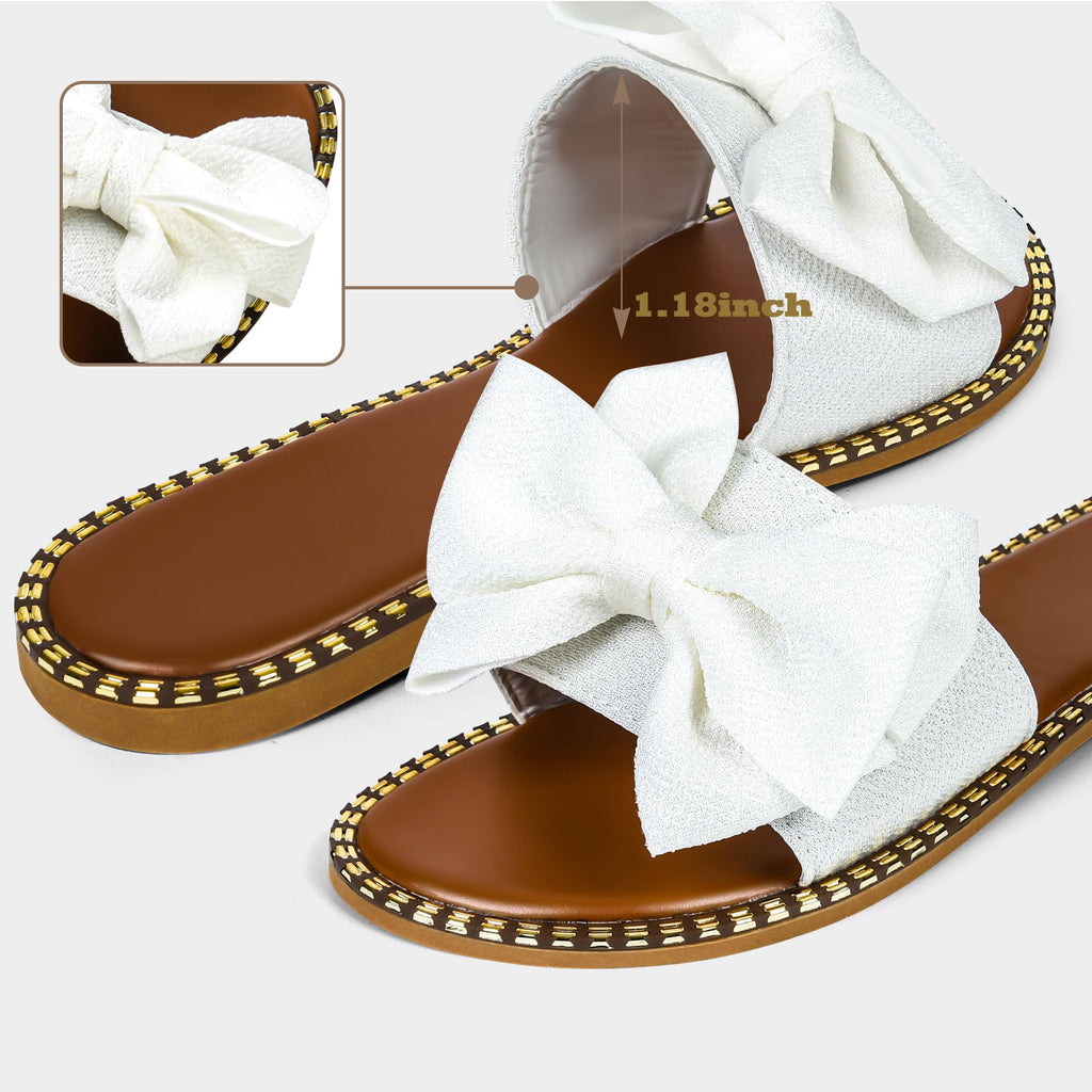 Sksshion Women's Bow Knot Slides Open Toe Flat Sandals Summer Slip On Slippers White 7