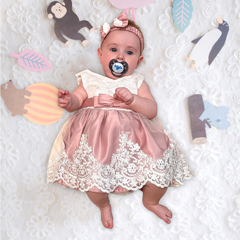 LZH Baby Girls Flower Princess Bowknot Wedding Pageant Christening Baptism Communion Party Dress, Bean Powder, 6M(3-6 Months)