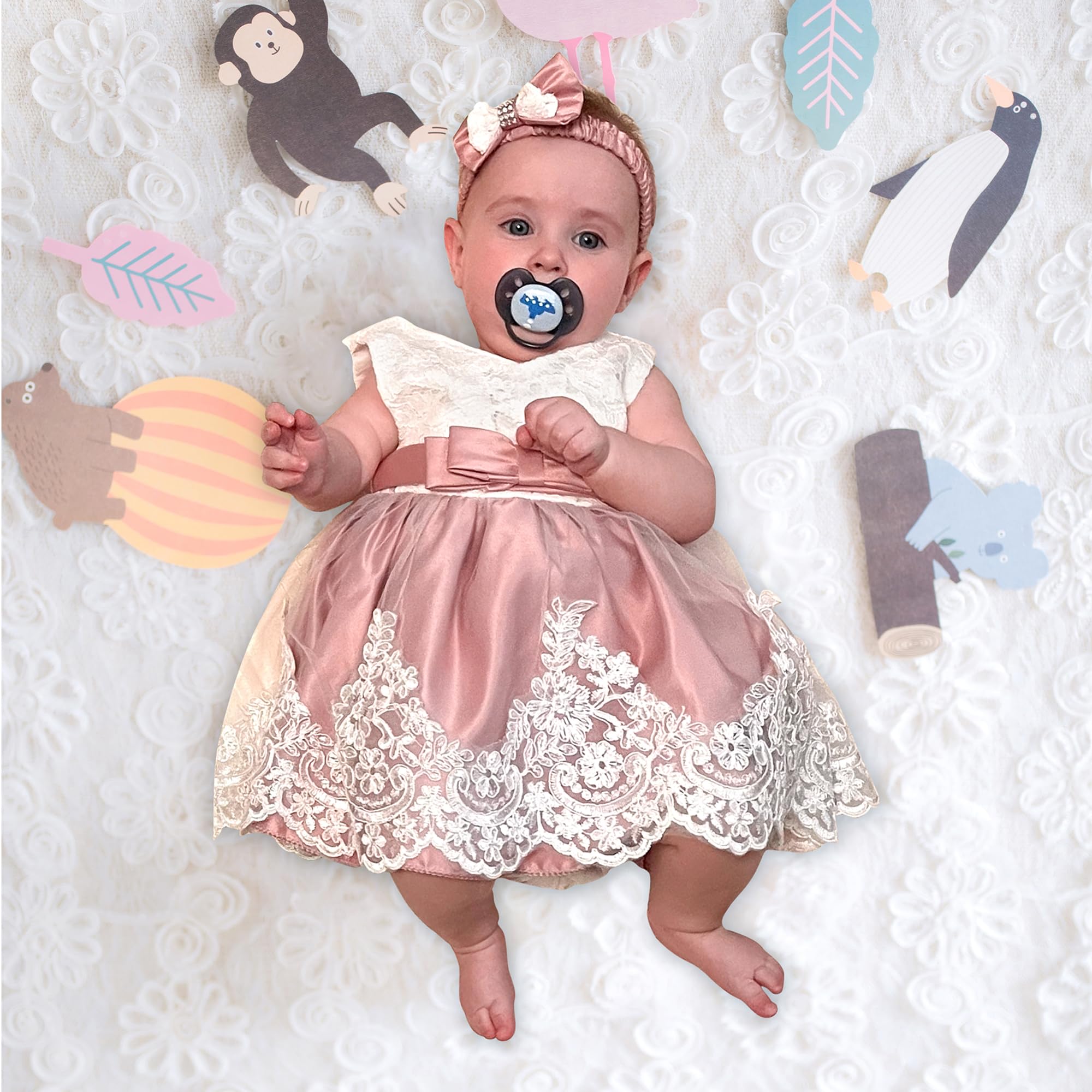 LZH Baby Girls Flower Princess Bowknot Wedding Pageant Christening Baptism Communion Party Dress, Bean Powder, 6M(3-6 Months)