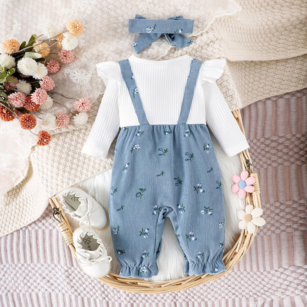 YINGISFITM Newborn Infant Baby Girl Clothes Fall Winter Long Sleeve Bubble Romper Floral Bow One Piece Jumpsuit Cute Outfits (Blue, 3-6 Months)