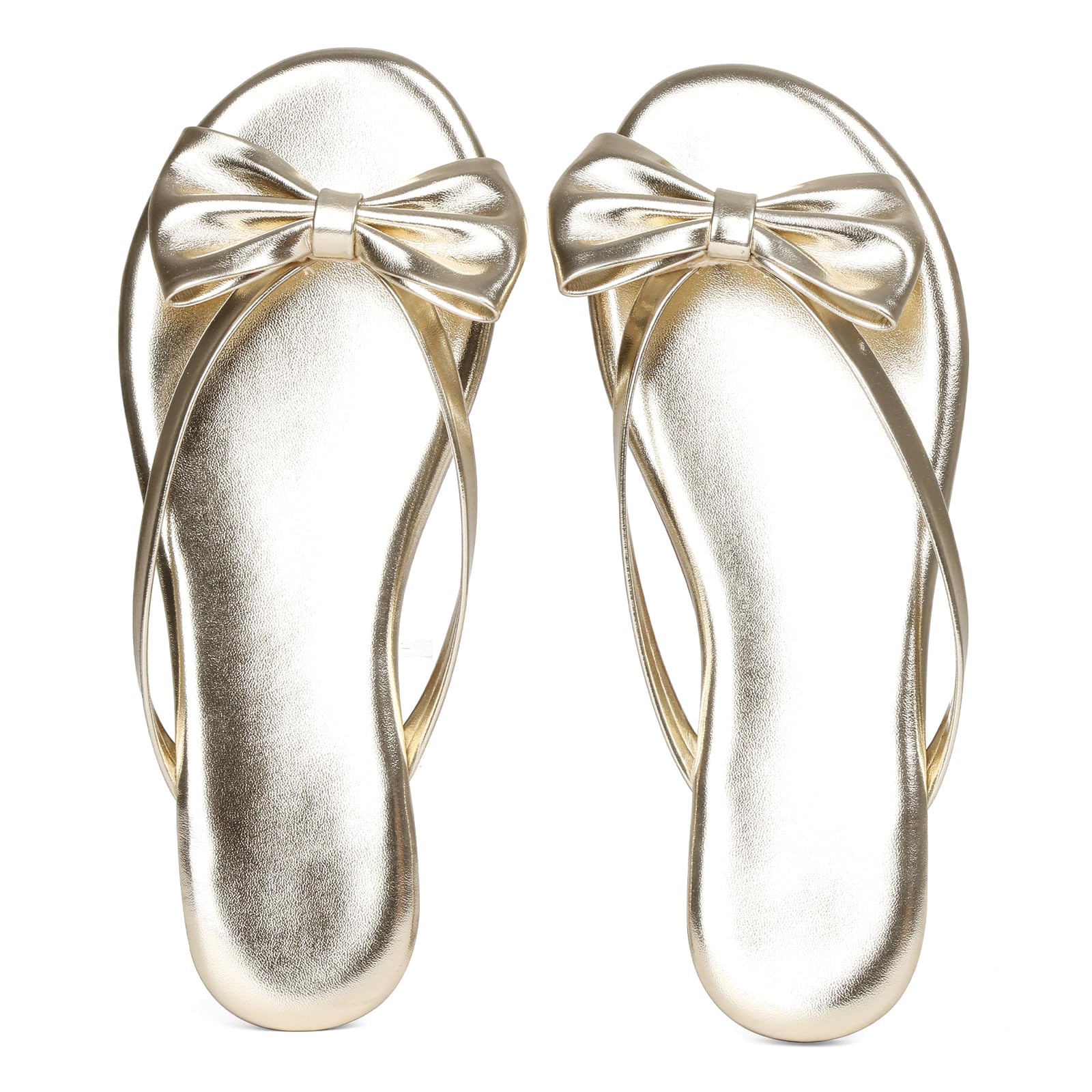 Phefarer Womens Bow Knot Flip Flops Flat Thong Sandals Gold Open Toe Beach Slippers for Party Evening Events and Night Out Size 6