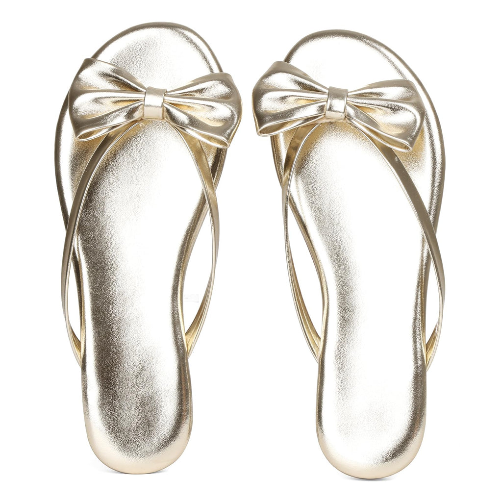 Phefarer Womens Bow Knot Flip Flops Flat Thong Sandals Gold Open Toe Beach Slippers for Party Evening Events and Night Out Size 7