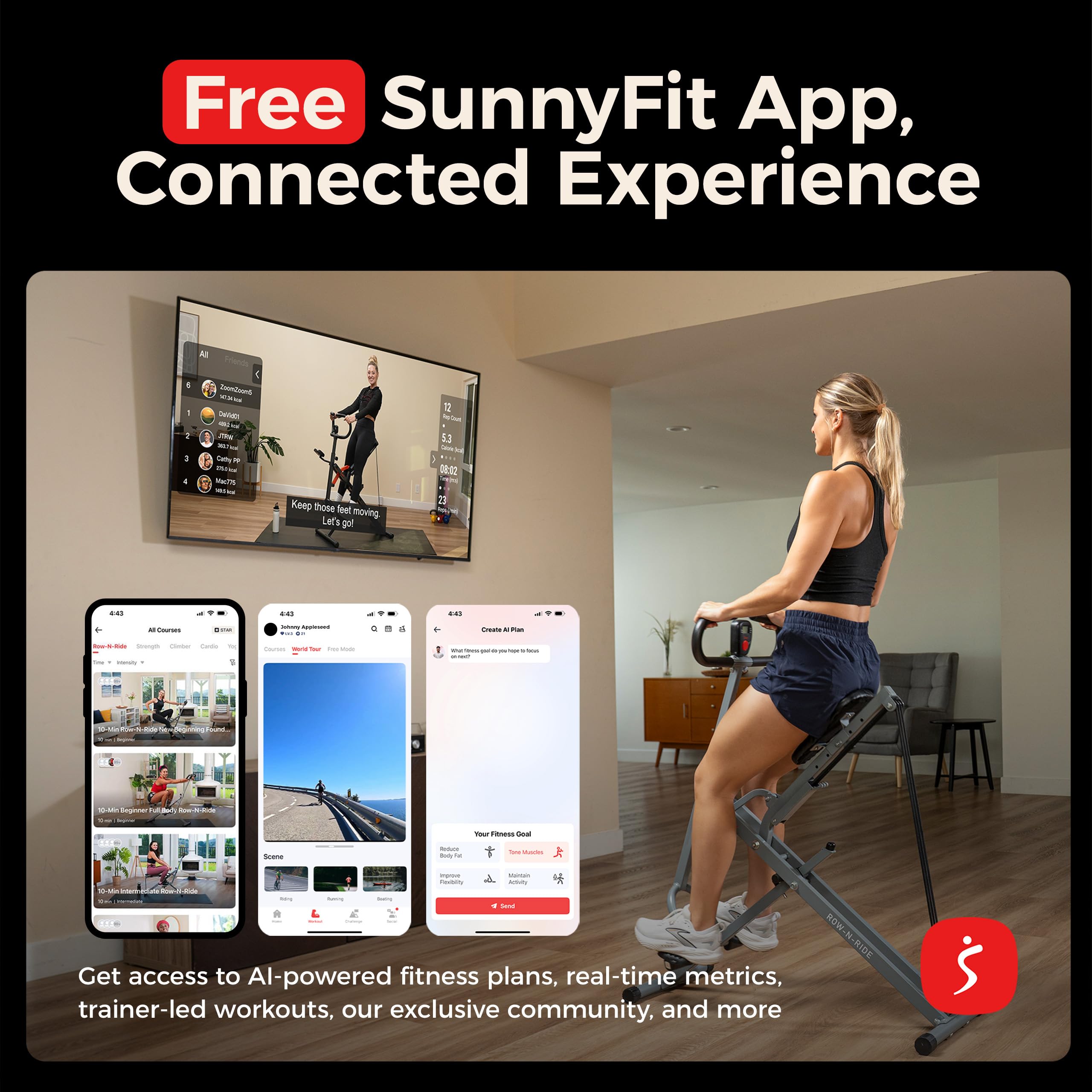 Sunny Health & Fitness Smart Upright Row-N-Ride Exerciser, Squat Assist Trainer for Glutes Workout with Adjustable Resistance, Easy Setup & Foldable, Glute & Leg Exercise Machine- NO. 077S