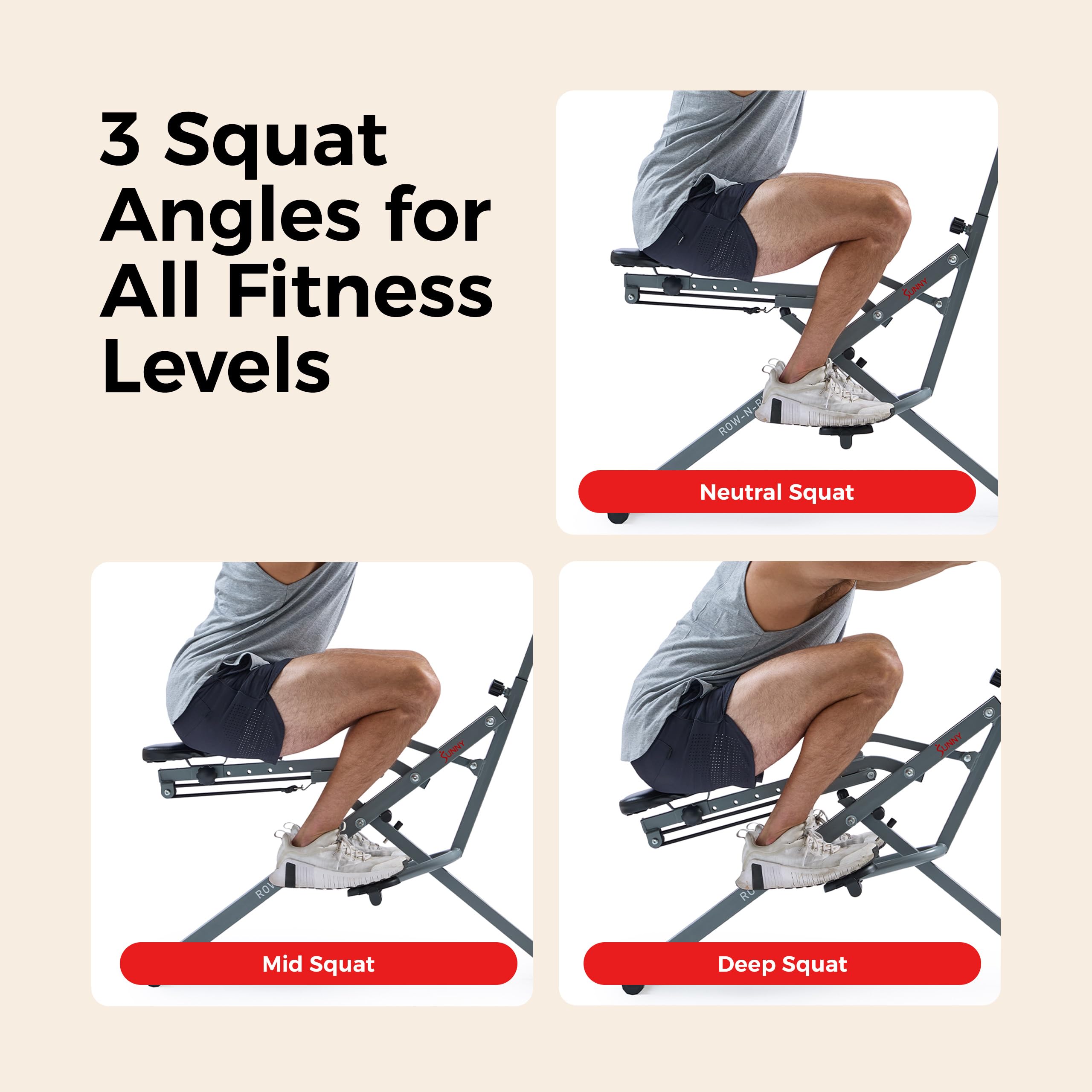 Sunny Health & Fitness Smart Upright Row-N-Ride Exerciser, Squat Assist Trainer for Glutes Workout with Adjustable Resistance, Easy Setup & Foldable, Glute & Leg Exercise Machine- NO. 077S