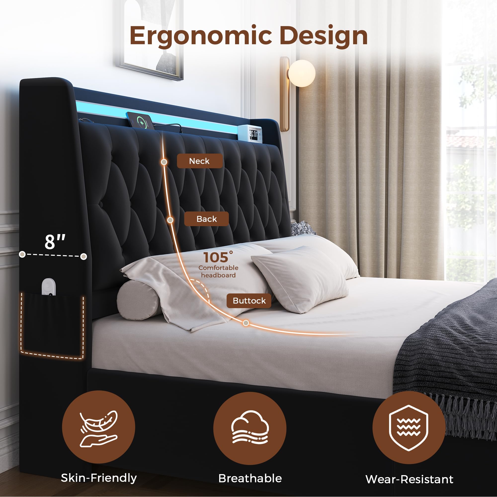 Queen LED Velvet Bed Frame with 2 Storage Drawers&Hidden Headboard, Upholstered Platform Bed with Charging Station&Button Tufted Design, Wooden Slats Support, Box Spring Optional, Easy Assembly, Black