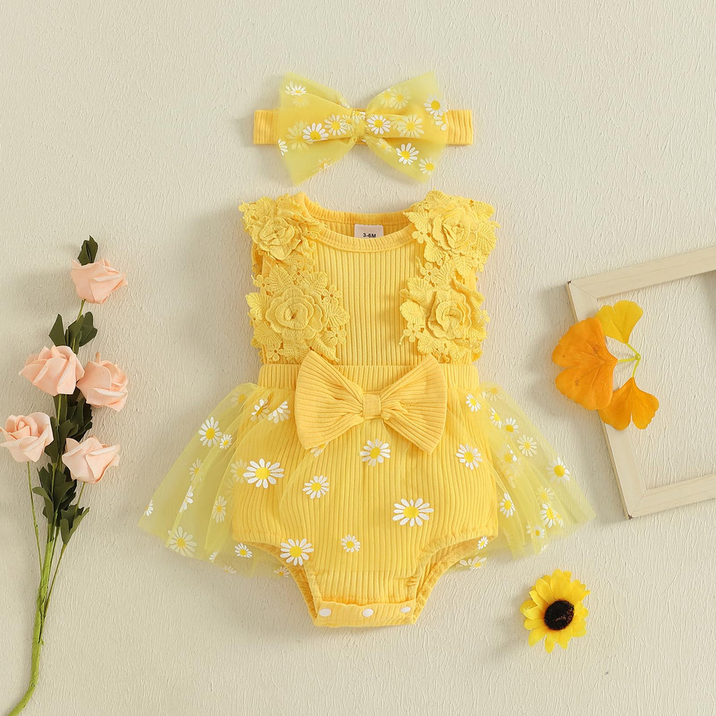Mubineo Baby Girl Summer Clothes Outfits Sleeveless Lace Floral Romper Dress Newborn Outfit (Yellow Daisy, 6-9 Months)