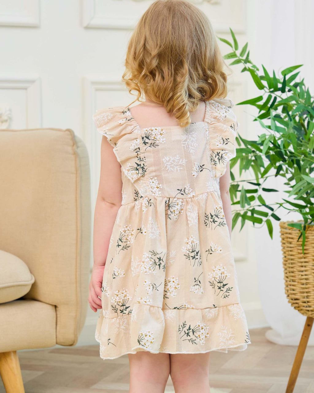 Renotemy Baby Girl Dresses 12-18 Months Boho Summer Outfits Beige Floral Sundress 1 Year Old Girl Clothes Princess Birthday Party Gift Vintage Dresses 12-18 Month Girl Clothes