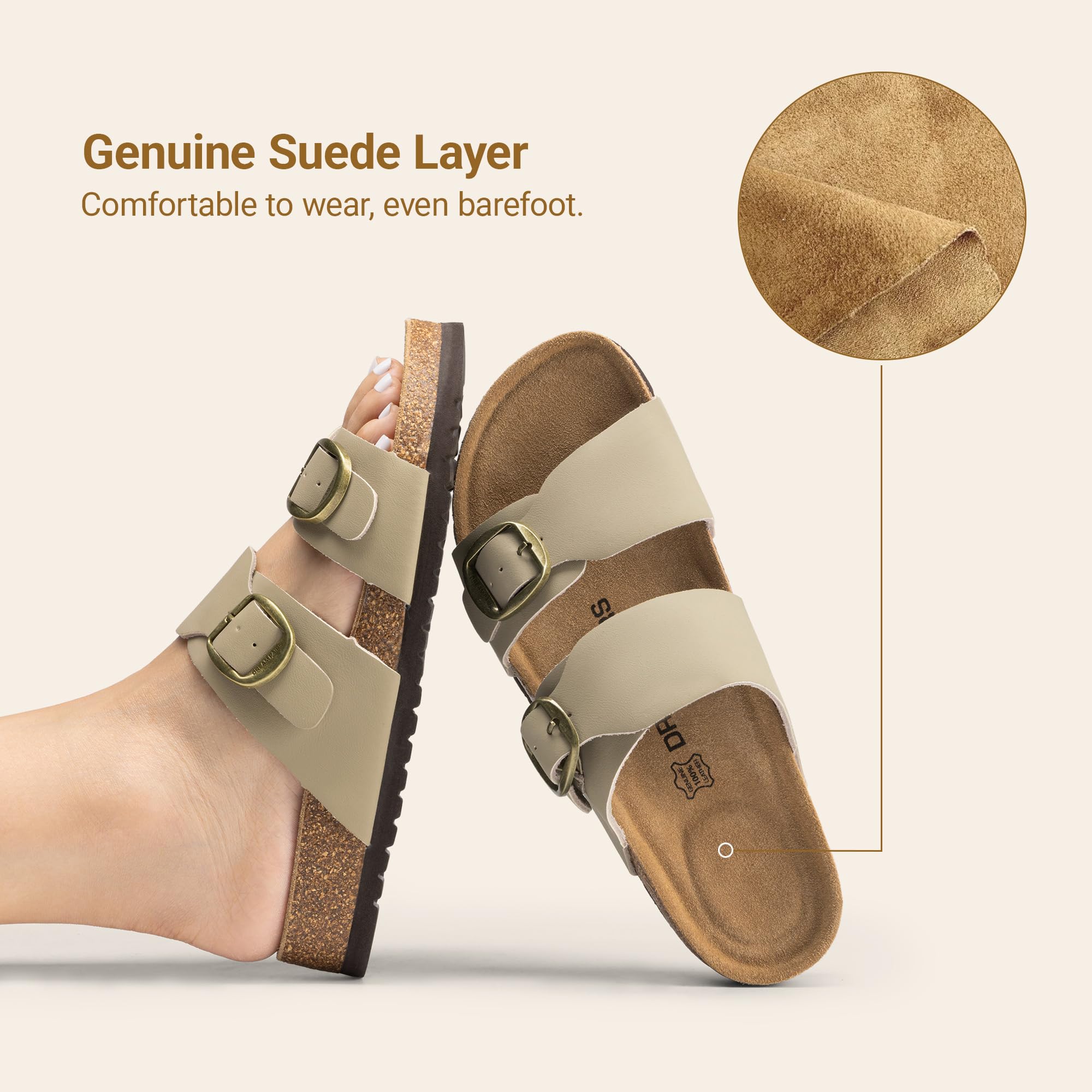 DREAM PAIRS Women's Slides Soft Genuine Footbed Sandals Comfortable Adjustable Double Buckle Slip-on Flat Sandals with Arch Support Frame Dual Slippers for Summer 2026,Size 7,Taupe,SDSS26004W