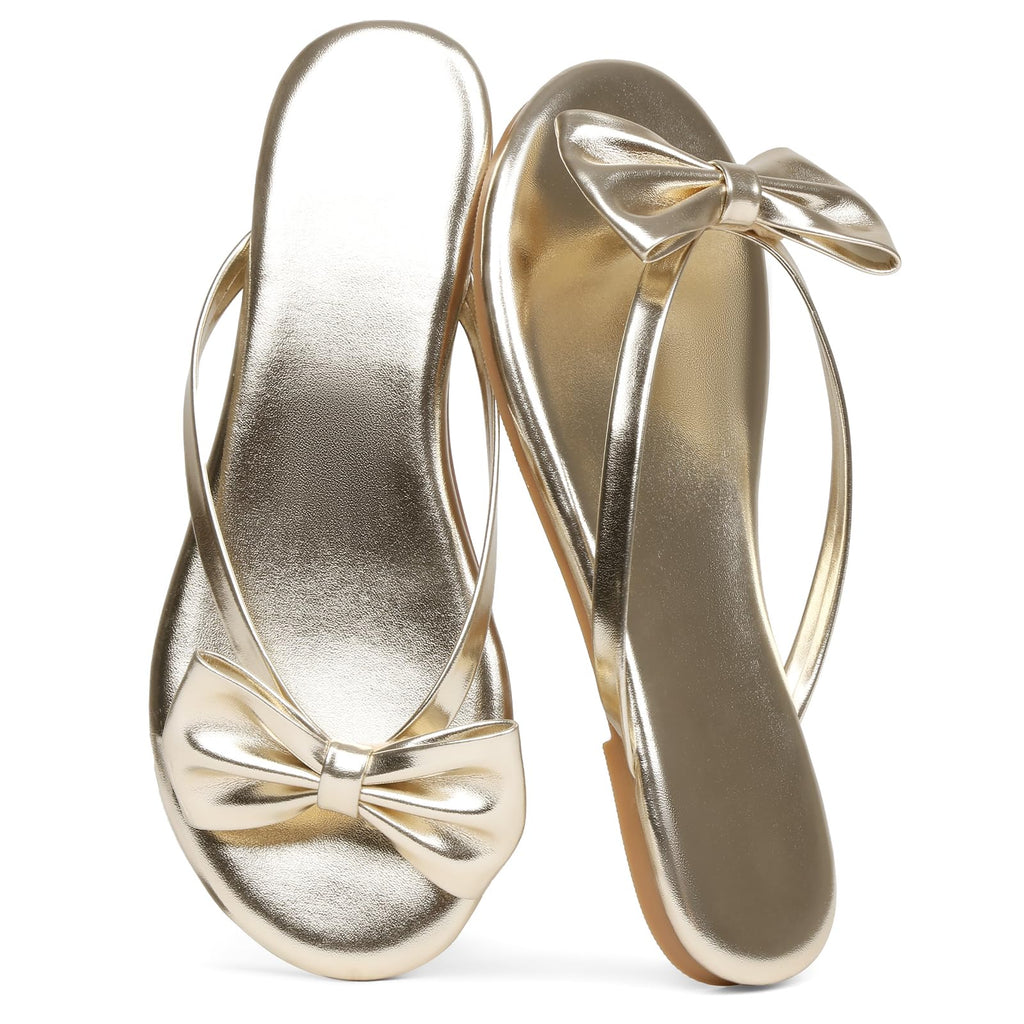 Phefarer Womens Bow Knot Flip Flops Flat Thong Sandals Gold Open Toe Beach Slippers for Party Evening Events and Night Out Size 7