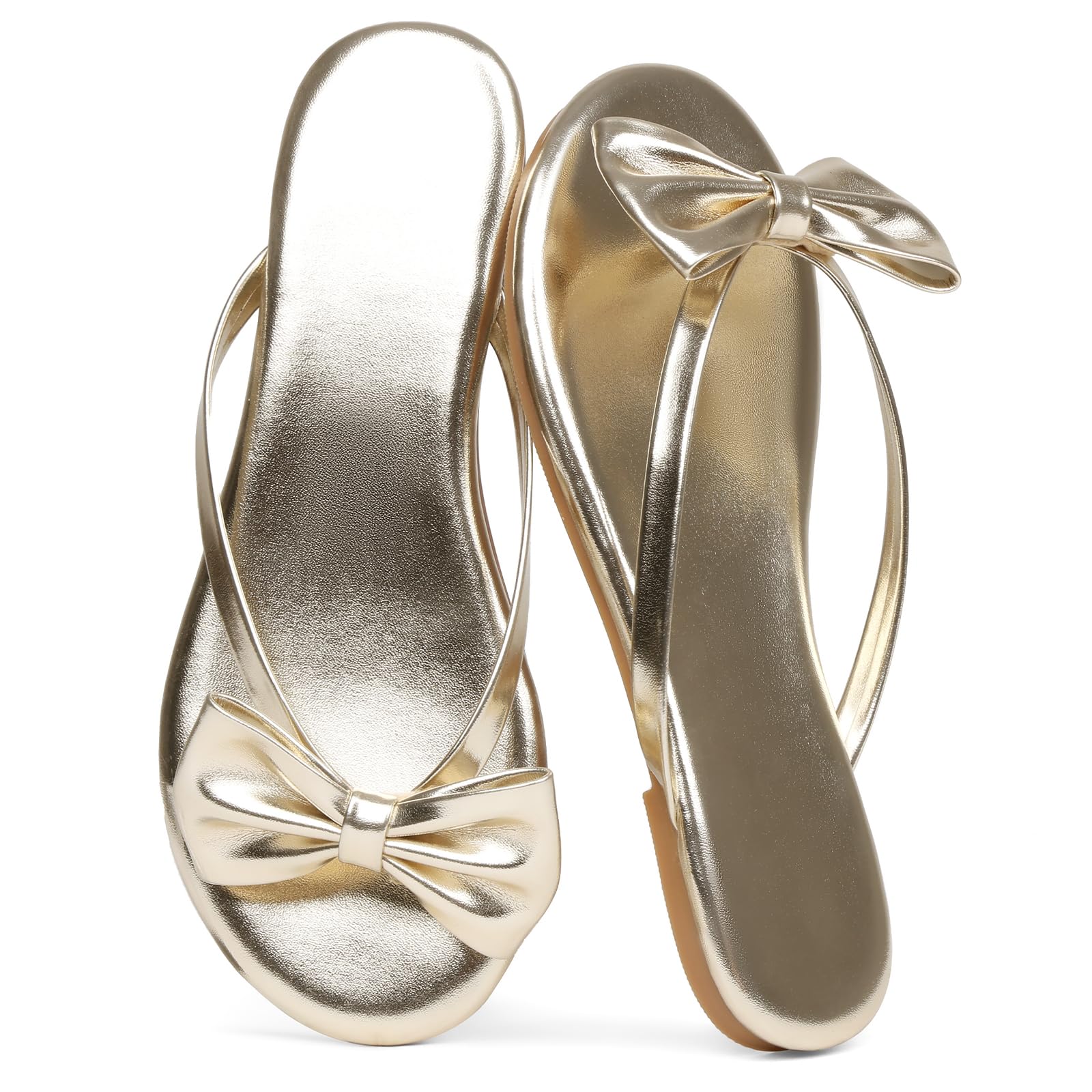 Phefarer Womens Bow Knot Flip Flops Flat Thong Sandals Gold Open Toe Beach Slippers for Party Evening Events and Night Out Size 7