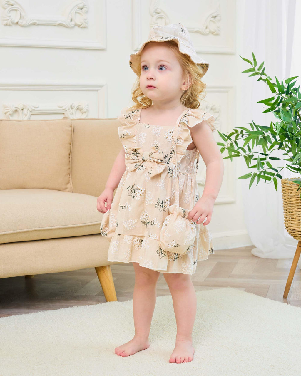 Renotemy Baby Girl Dresses 12-18 Months Boho Summer Outfits Beige Floral Sundress 1 Year Old Girl Clothes Princess Birthday Party Gift Vintage Dresses 12-18 Month Girl Clothes