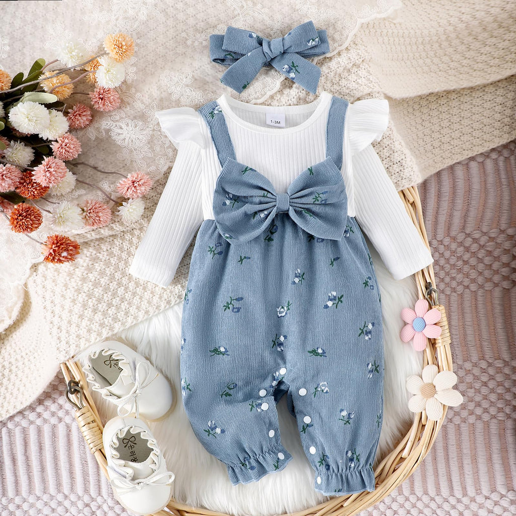 YINGISFITM Newborn Infant Baby Girl Clothes Fall Winter Long Sleeve Bubble Romper Floral Bow One Piece Jumpsuit Cute Outfits (Blue, 3-6 Months)