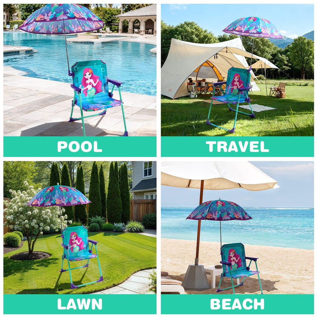 WERNNSAI Kids Beach Chair with Umbrella, Toddler Outdoor Folding Camping Chair with Canopy Sun Shade for Beach Pool Travel Picnic for Age 1-3 (Mermaid)