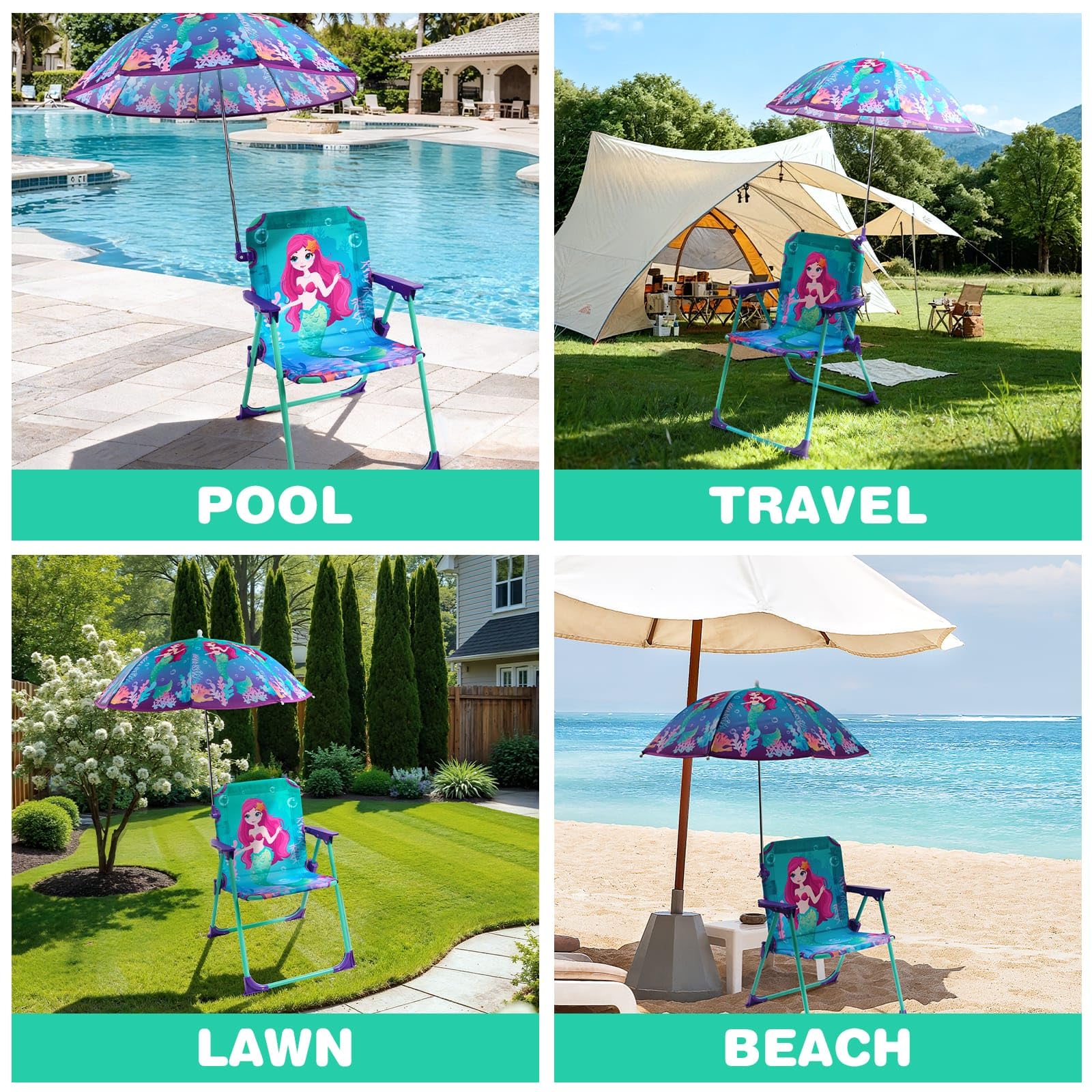 WERNNSAI Kids Beach Chair with Umbrella, Toddler Outdoor Folding Camping Chair with Canopy Sun Shade for Beach Pool Travel Picnic for Age 1-3 (Mermaid)