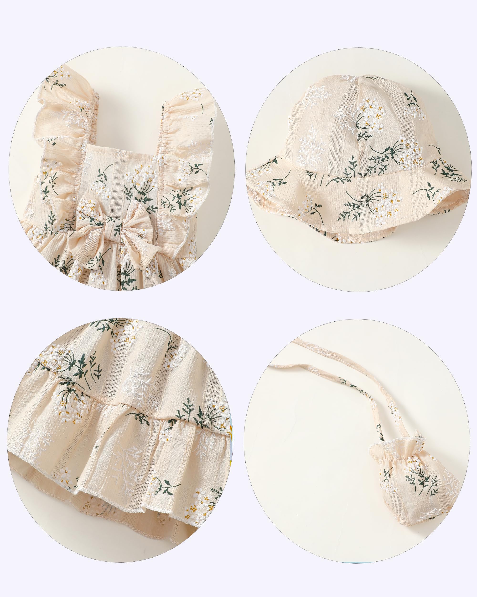 Renotemy Baby Girl Summer Dress Infant Boho Outfits Beige Casual Floral Sundress with Hat and Bag Sleeveless Party Beach Vintage Dresses Baby Girl Clothes 6-9 Months 12 Months
