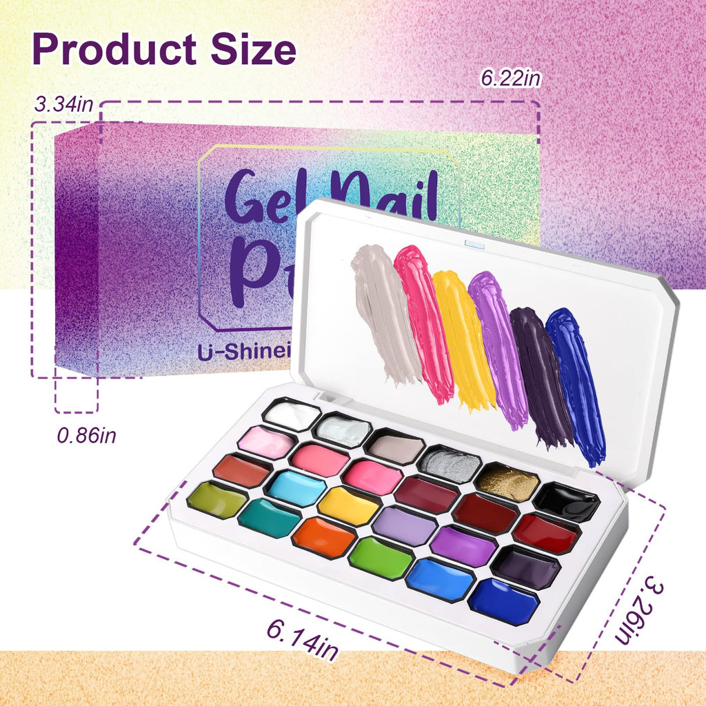 U-Shinein 24 Colors Pat Painting Nail Gel,Hema＆TPO Free,6-in-1 Gradient Ombre Paint Nails Gel Palette for Blooming,Nail Color Gel,Liner Gel,French Nail,with Chrome Powder,No Wipe,DIY Nail Art(A)