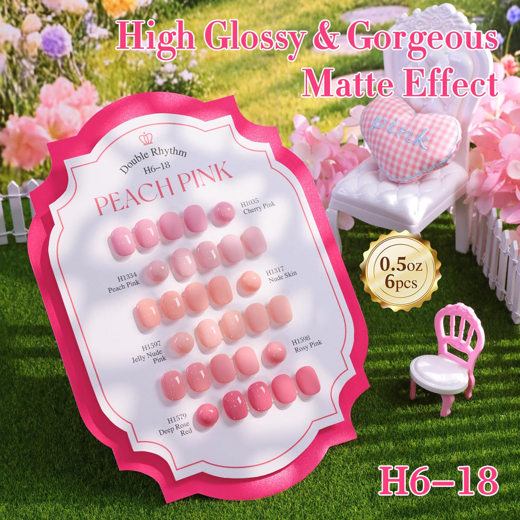 Double Rhythm 6 Pcs Hema Free Gel Polish Set 0.50 OZ Same Color Same Bottle Soak Off Neutral Natural Milky Gel Polish Kit Nail Art Manicure Salon DIY at Home (Pastel Peach Pink Purple-H6-18)