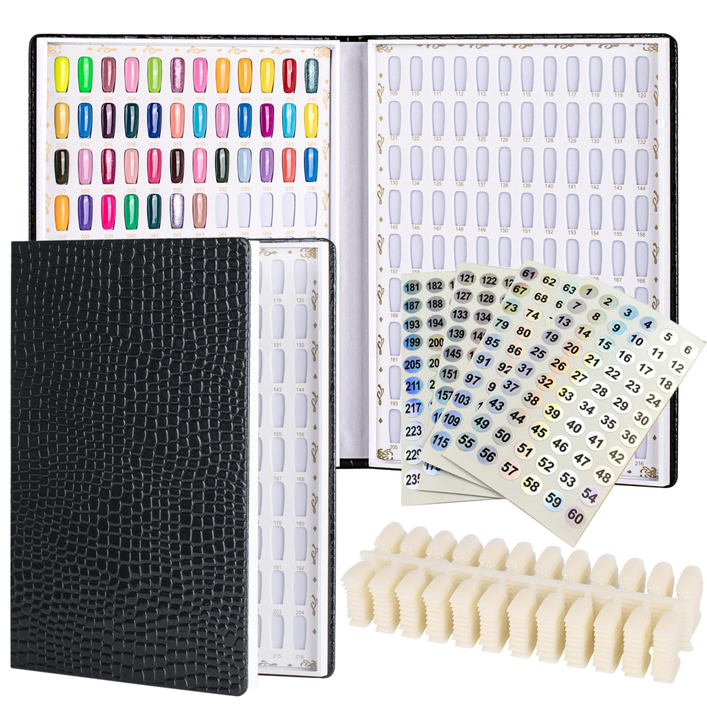 Acycoin2A Professional 216 Nail Colors Chart Dip Powder Card with 240 Tips and Nail Polish Number Sticker Label (Black)