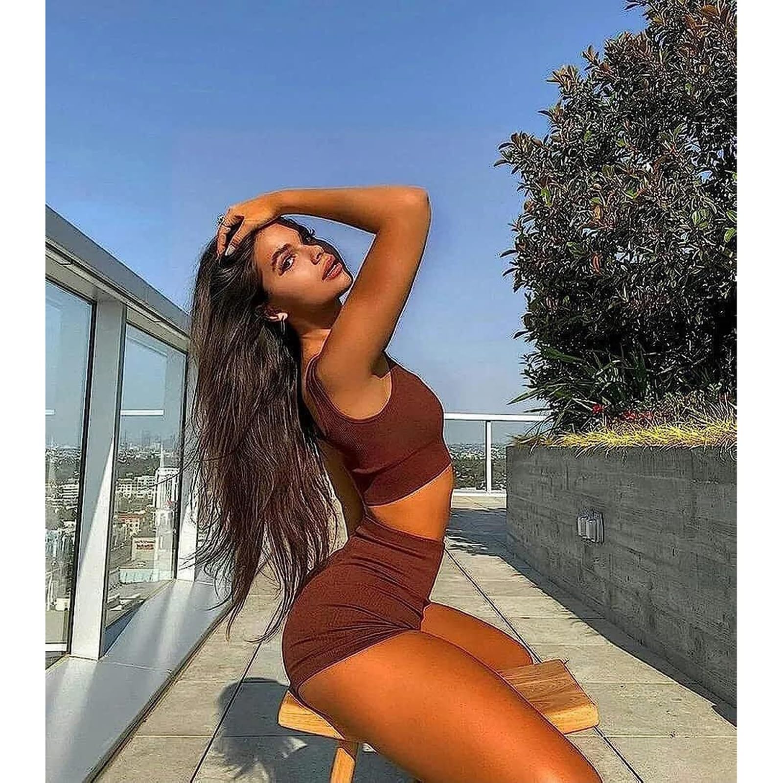 OIERD 4 Piece Workout Sets For Women Ribbed Leggings Clothes Yoga Sets Active Wear Cute Matching Work Out Sets Gym Pilates Outfits For Women Set Brown,M