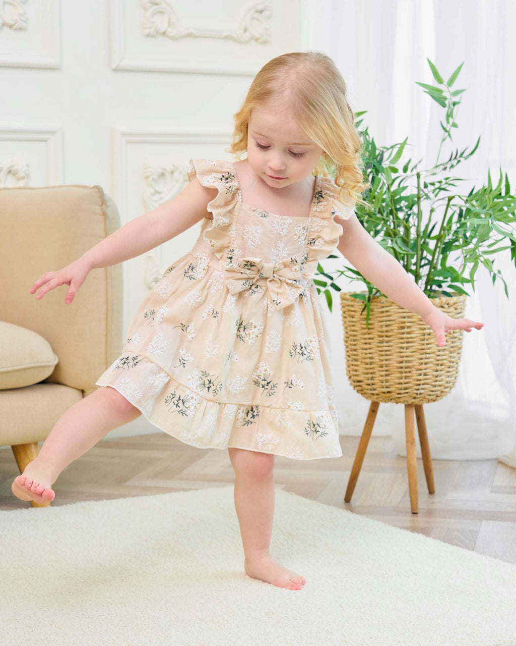 Renotemy Baby Girl Dresses 12-18 Months Boho Summer Outfits Beige Floral Sundress 1 Year Old Girl Clothes Princess Birthday Party Gift Vintage Dresses 12-18 Month Girl Clothes