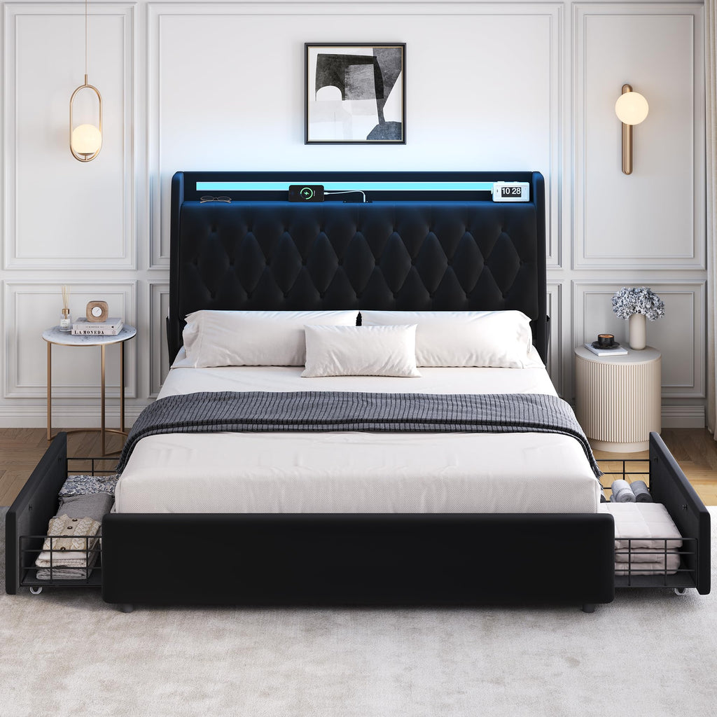 Queen LED Velvet Bed Frame with 2 Storage Drawers&Hidden Headboard, Upholstered Platform Bed with Charging Station&Button Tufted Design, Wooden Slats Support, Box Spring Optional, Easy Assembly, Black