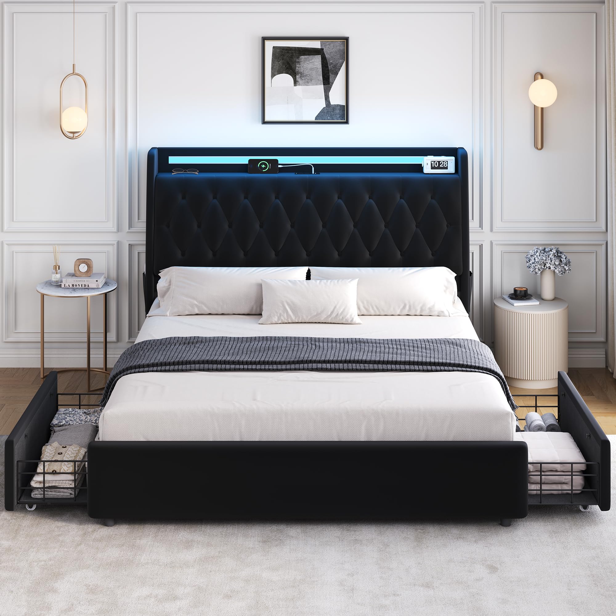 Queen LED Velvet Bed Frame with 2 Storage Drawers&Hidden Headboard, Upholstered Platform Bed with Charging Station&Button Tufted Design, Wooden Slats Support, Box Spring Optional, Easy Assembly, Black