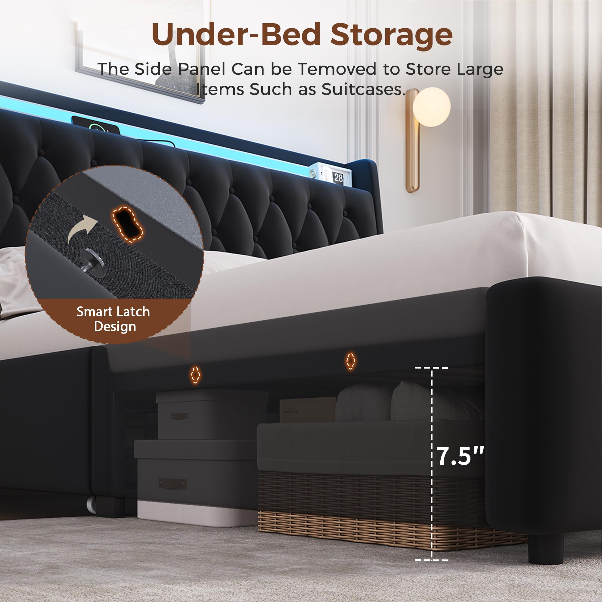 Queen LED Velvet Bed Frame with 2 Storage Drawers&Hidden Headboard, Upholstered Platform Bed with Charging Station&Button Tufted Design, Wooden Slats Support, Box Spring Optional, Easy Assembly, Black