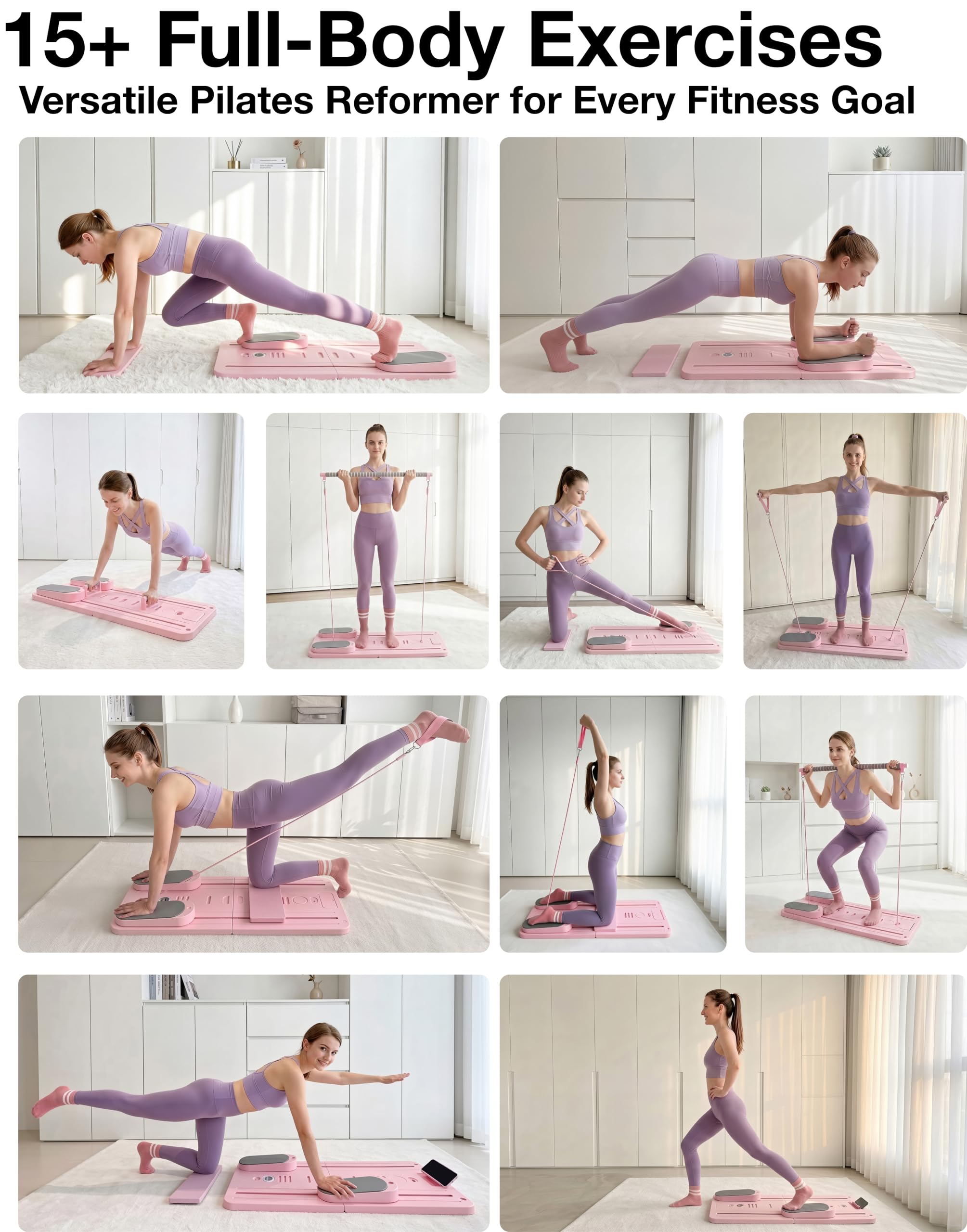 Pilates Board, Pilates Reformer Set Gifts for Women, New Upgraded Multi-Purpose Pilates Board for Home Workouts, Foldable Home Pilates Machine for Fitness, Exercise, Abs, Core Equipment (Pink)