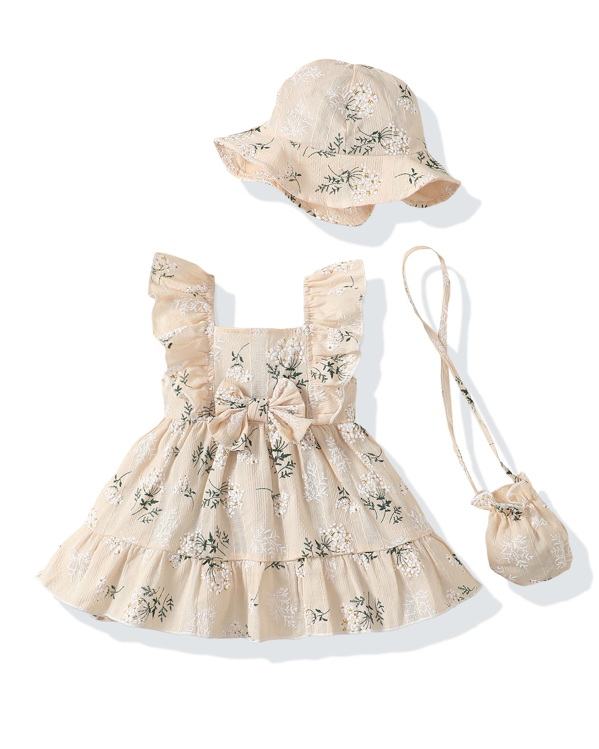 Renotemy Baby Girl Summer Dress Infant Boho Outfits Beige Casual Floral Sundress with Hat and Bag Sleeveless Party Beach Vintage Dresses Baby Girl Clothes 6-9 Months 12 Months