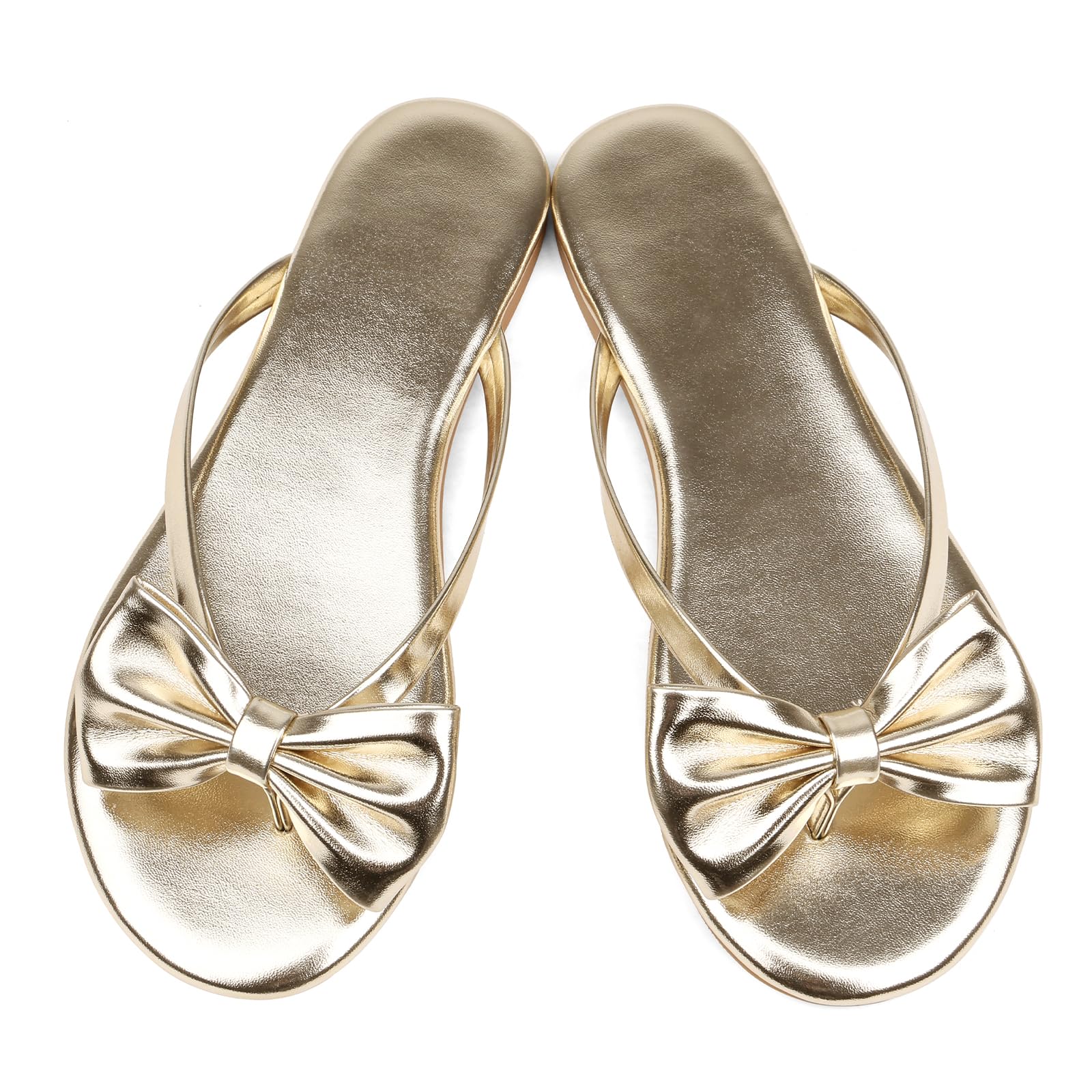 Phefarer Womens Bow Knot Flip Flops Flat Thong Sandals Gold Open Toe Beach Slippers for Party Evening Events and Night Out Size 7