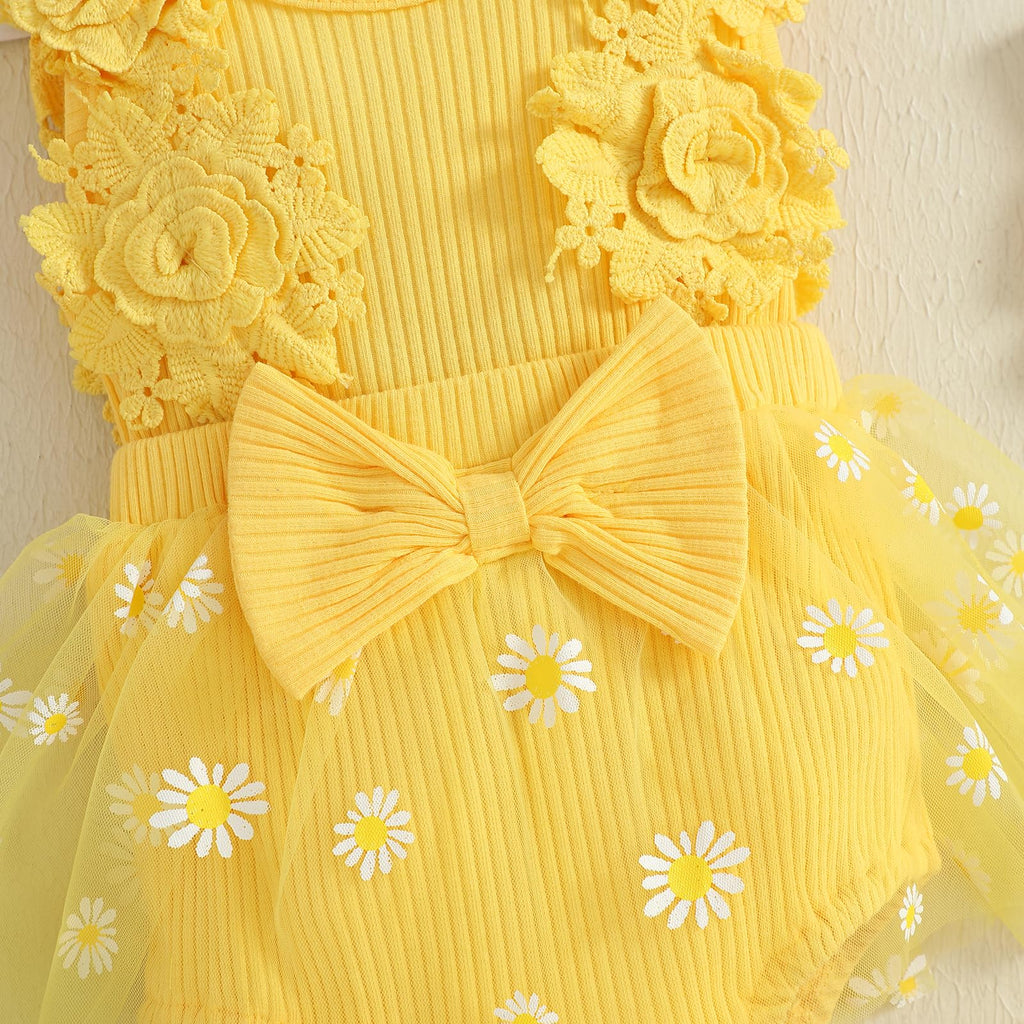Mubineo Baby Girl Summer Clothes Outfits Sleeveless Lace Floral Romper Dress Newborn Outfit (Yellow Daisy, 6-9 Months)