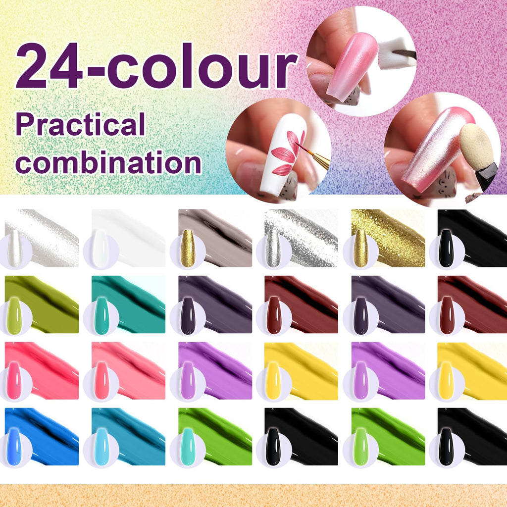 U-Shinein 24 Colors Pat Painting Nail Gel,Hema＆TPO Free,6-in-1 Gradient Ombre Paint Nails Gel Palette for Blooming,Nail Color Gel,Liner Gel,French Nail,with Chrome Powder,No Wipe,DIY Nail Art(A)
