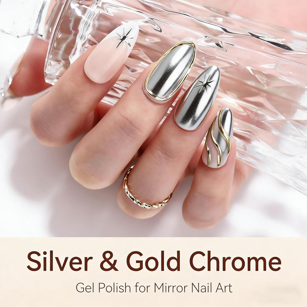 Makartt Chrome Gel Nail Polish Set: Metallic Gel Nail Polish, Silver and Gold 3D Metal Painting Gel for Nail Art Soak off UV/LED Glossy Mirror Effect Nail Gel for Home Salon DIY Manicure（2pcs）