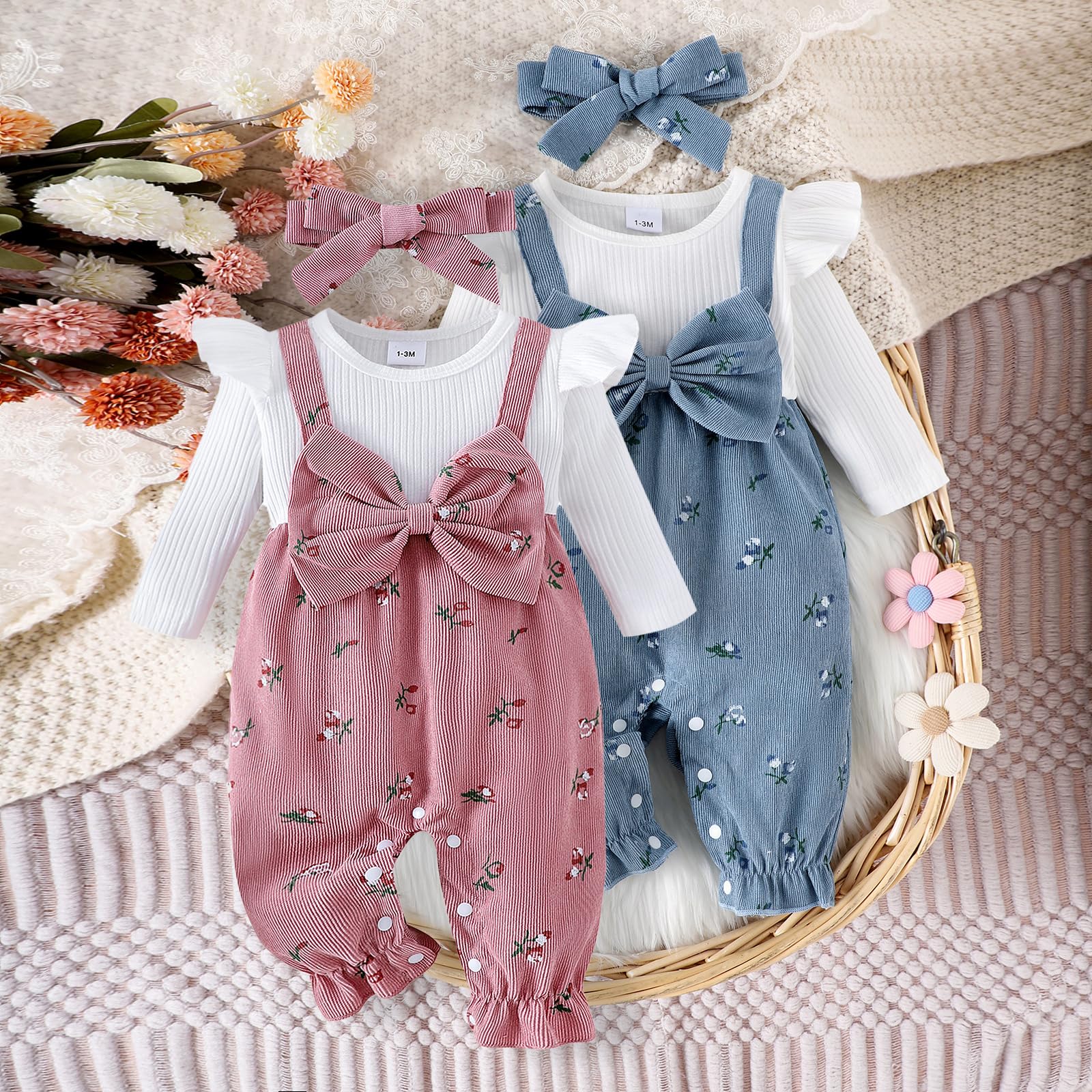YINGISFITM Newborn Infant Baby Girl Clothes Fall Winter Long Sleeve Bubble Romper Floral Bow One Piece Jumpsuit Cute Outfits (Blue, 3-6 Months)